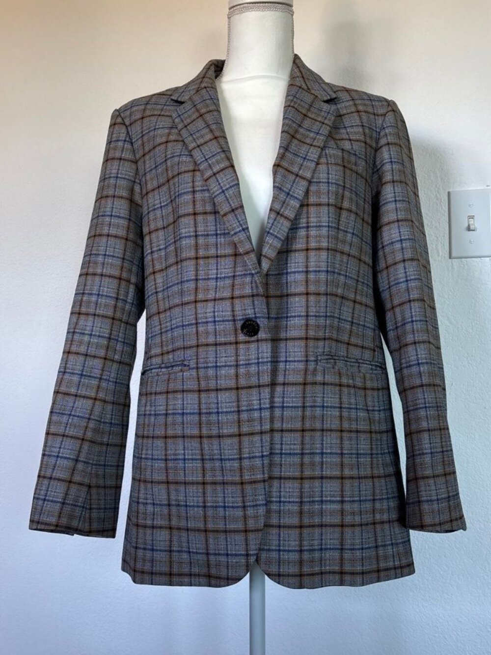 Sandro Paris Plaid Virgin Wool Single Button Blazer 38 US 4/6